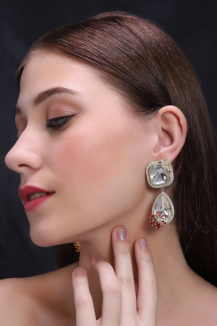 Gold Finish Kundan Polki & Ruby Dangler Earrings by Mae Jewellery by Neelu Kedia at Pernia's Pop Up Shop