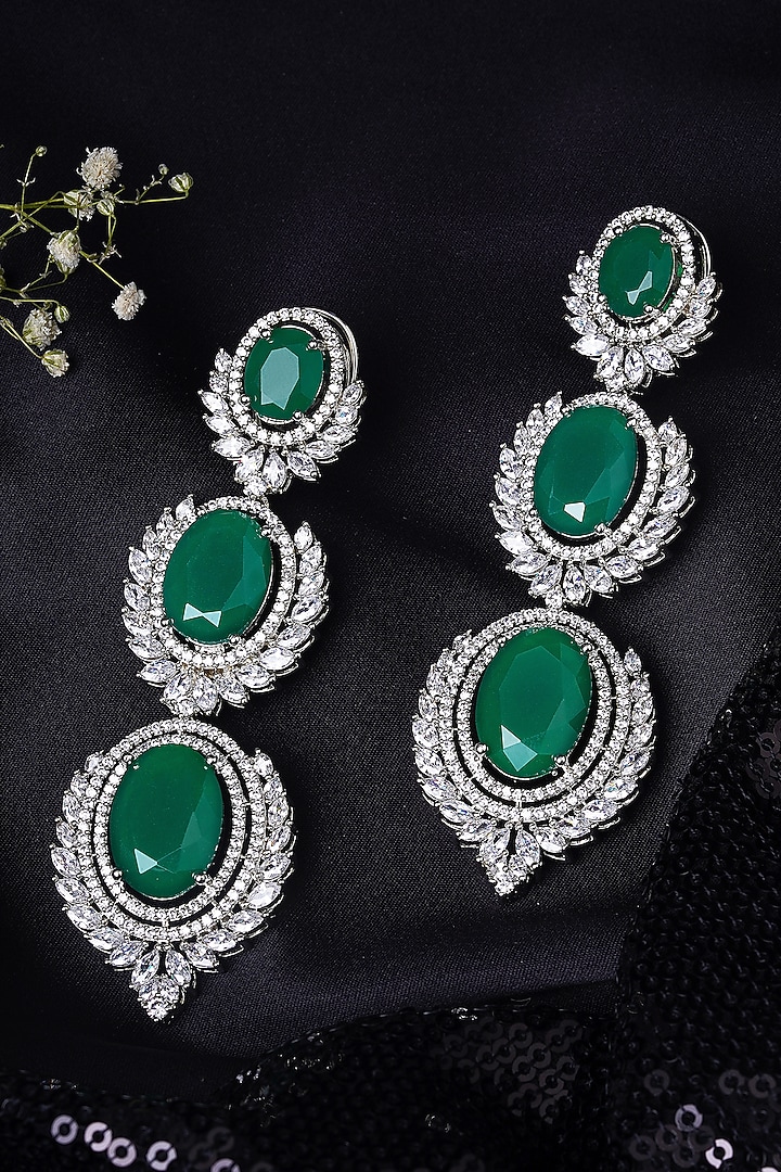 White Finish Zircon Diamond & Emerald Dangler Earrings by Mae Jewellery by Neelu Kedia at Pernia's Pop Up Shop