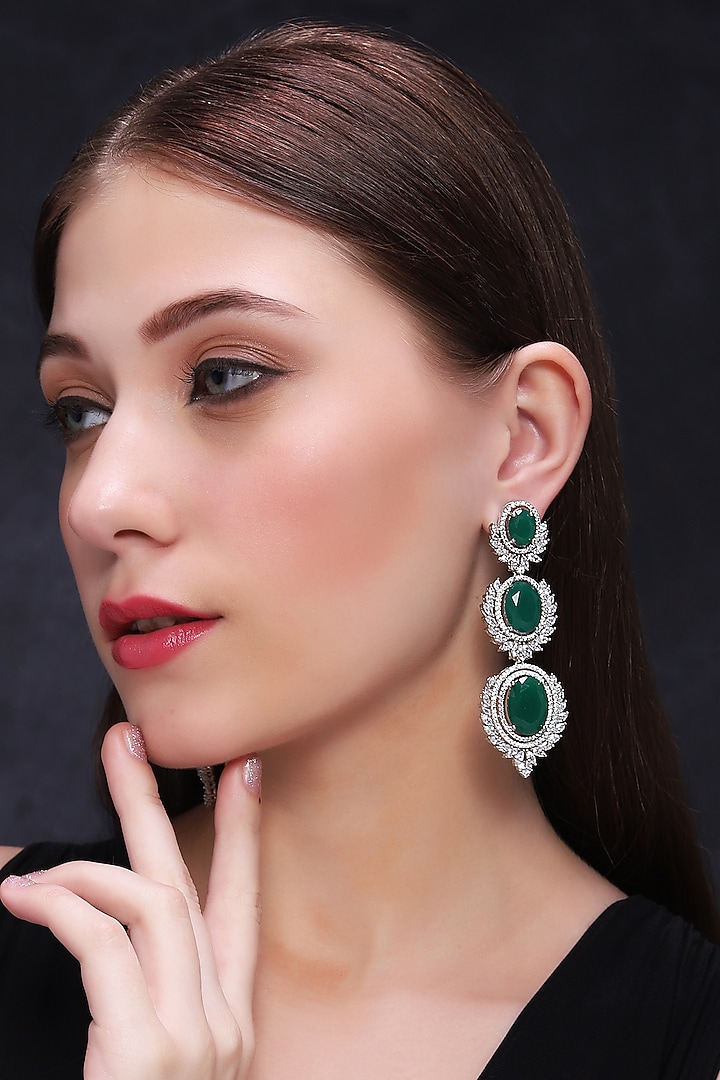 White Finish Zircon Diamond & Emerald Dangler Earrings by Mae Jewellery by Neelu Kedia at Pernia's Pop Up Shop