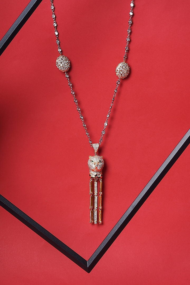 Gold Finish Zircon Long Necklace by Mae Jewellery by Neelu Kedia