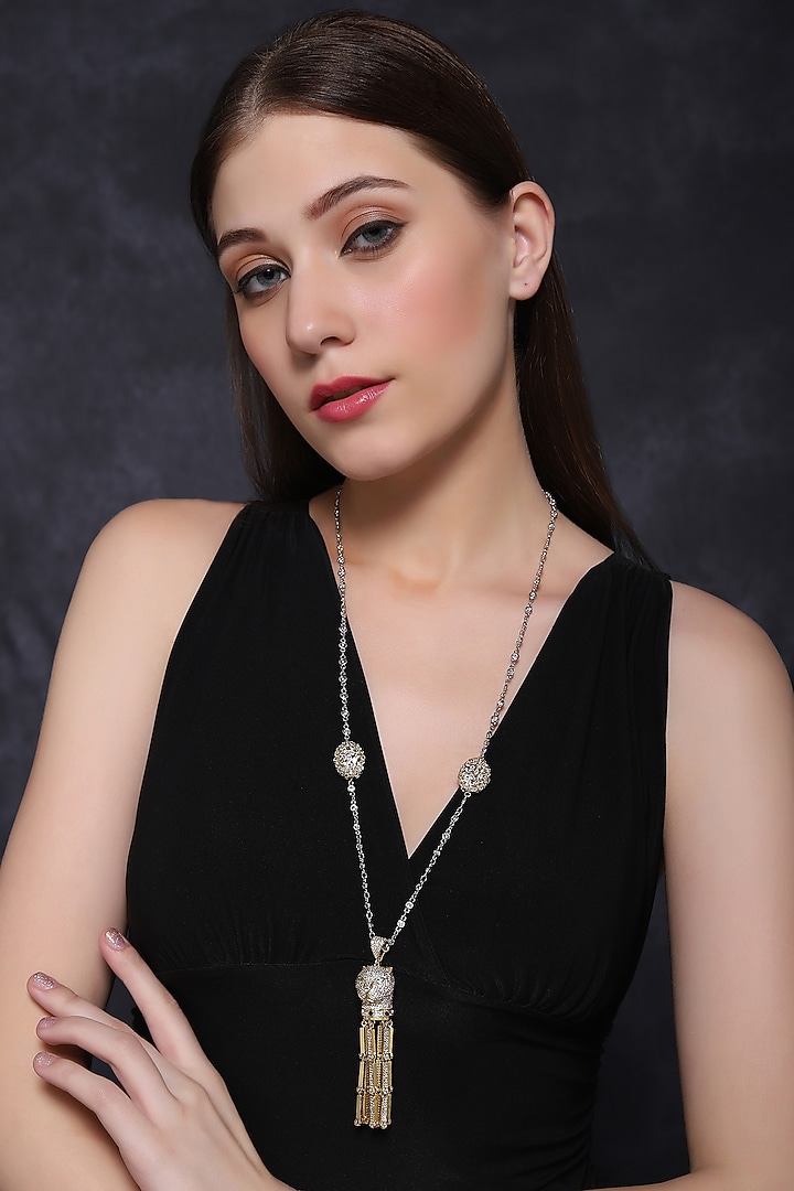Gold Finish Zircon Long Necklace by Mae Jewellery by Neelu Kedia at Pernia's Pop Up Shop
