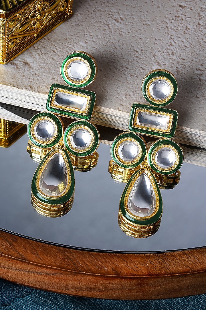 Gold Finish Zircon & Emerald Dangler Earrings by Mae Jewellery by Neelu Kedia at Pernia's Pop Up Shop