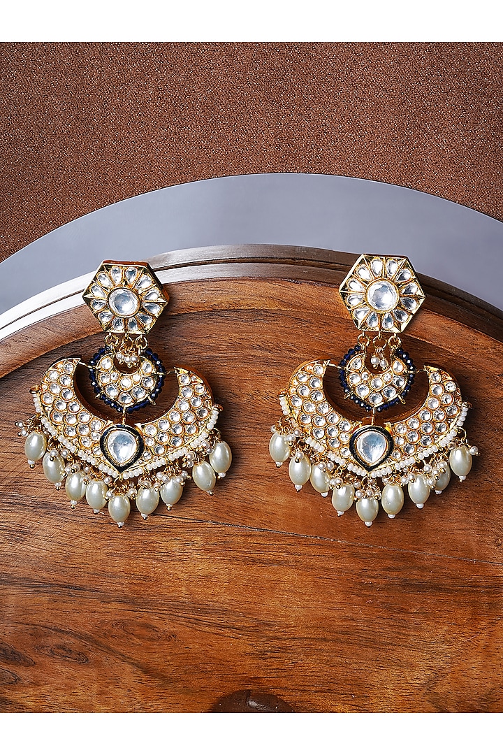 Gold Finish Dark Blue Stone & Kundan Polki Chandbali Earrings by Mae Jewellery by Neelu Kedia
