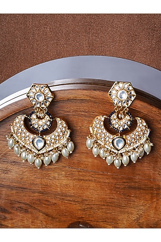 Gold Finish Dark Blue Stone & Kundan Polki Chandbali Earrings by Mae Jewellery by Neelu Kedia
