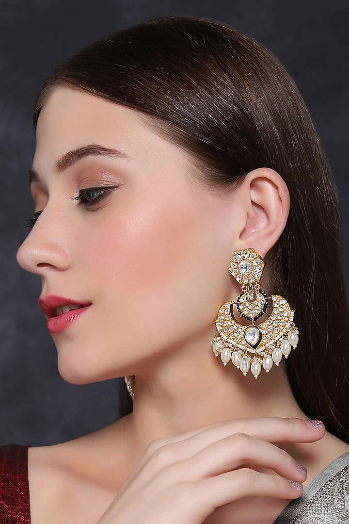 Gold Finish Dark Blue Stone & Kundan Polki Chandbali Earrings by Mae Jewellery by Neelu Kedia at Pernia's Pop Up Shop