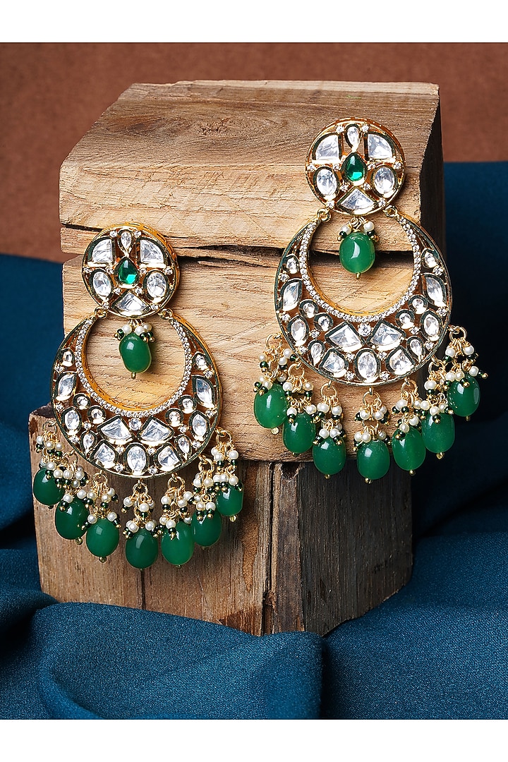 Gold Finish Emerald & Kundan Polki Chandbali Earrings by Mae Jewellery by Neelu Kedia at Pernia's Pop Up Shop