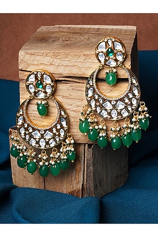 Gold Finish Emerald & Kundan Polki Chandbali Earrings by Mae Jewellery by Neelu Kedia