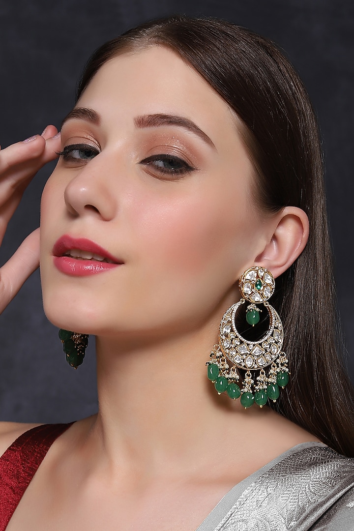 Gold Finish Emerald & Kundan Polki Chandbali Earrings by Mae Jewellery by Neelu Kedia at Pernia's Pop Up Shop