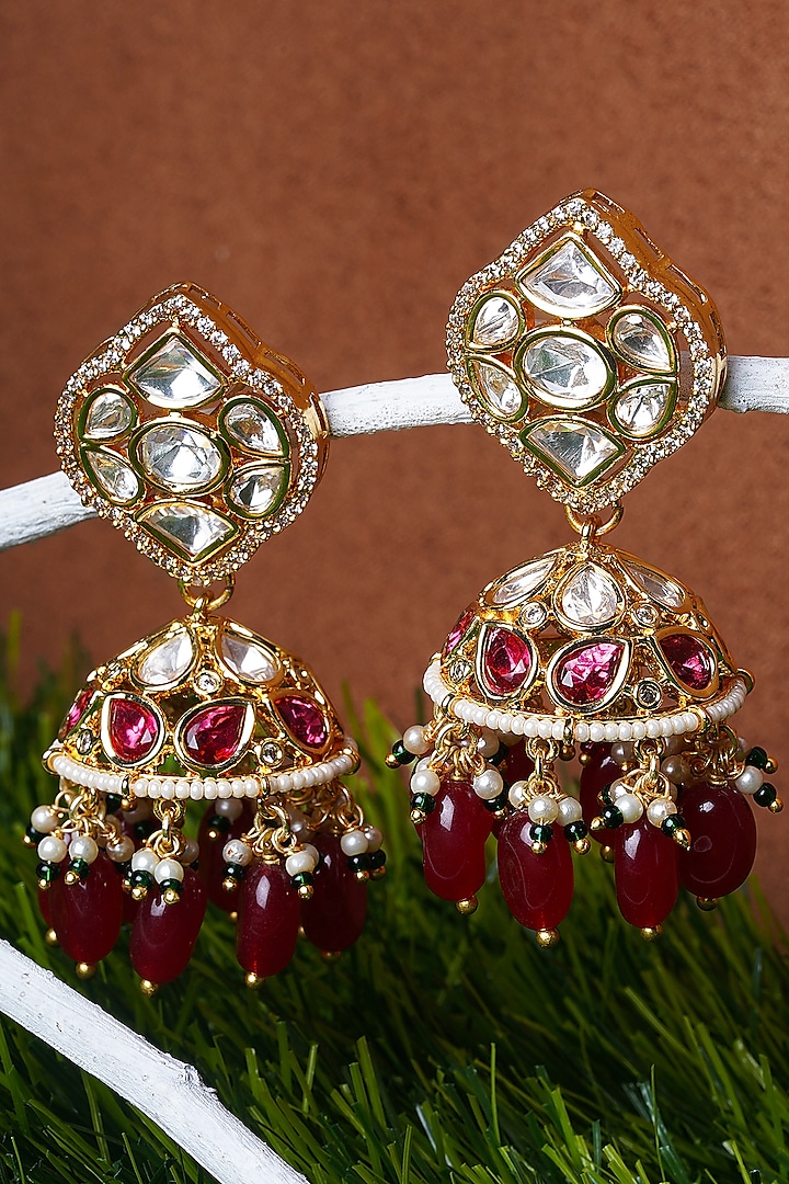 Gold Finish Ruby & Kundan Polki Chandbali Earrings by Mae Jewellery by Neelu Kedia