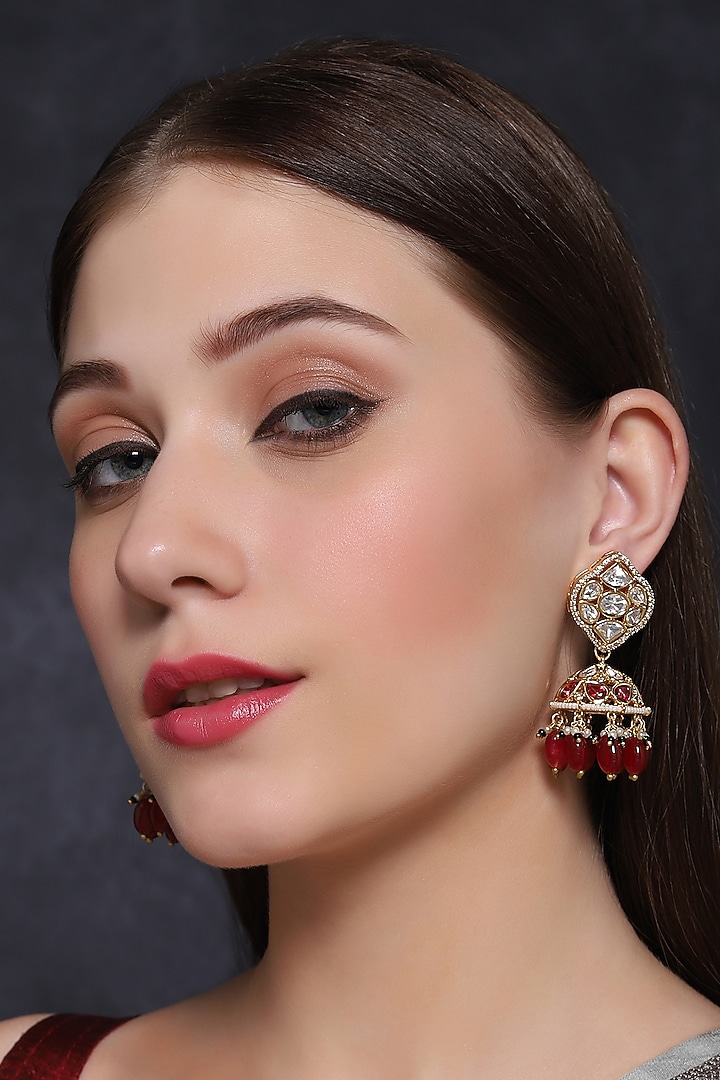 Gold Finish Ruby & Kundan Polki Chandbali Earrings by Mae Jewellery by Neelu Kedia at Pernia's Pop Up Shop
