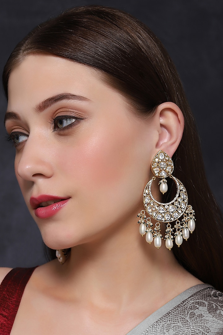 Gold Finish Pearl & Kundan Polki Chandbali Earrings by Mae Jewellery by Neelu Kedia at Pernia's Pop Up Shop