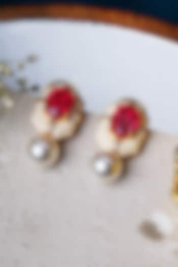 Gold Finish Ruby & Pearl Stud Earrings by Mae Jewellery by Neelu Kedia