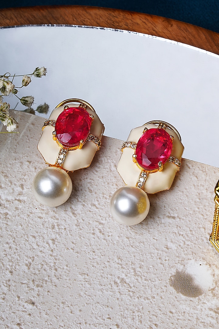 Gold Finish Ruby & Pearl Stud Earrings by Mae Jewellery by Neelu Kedia