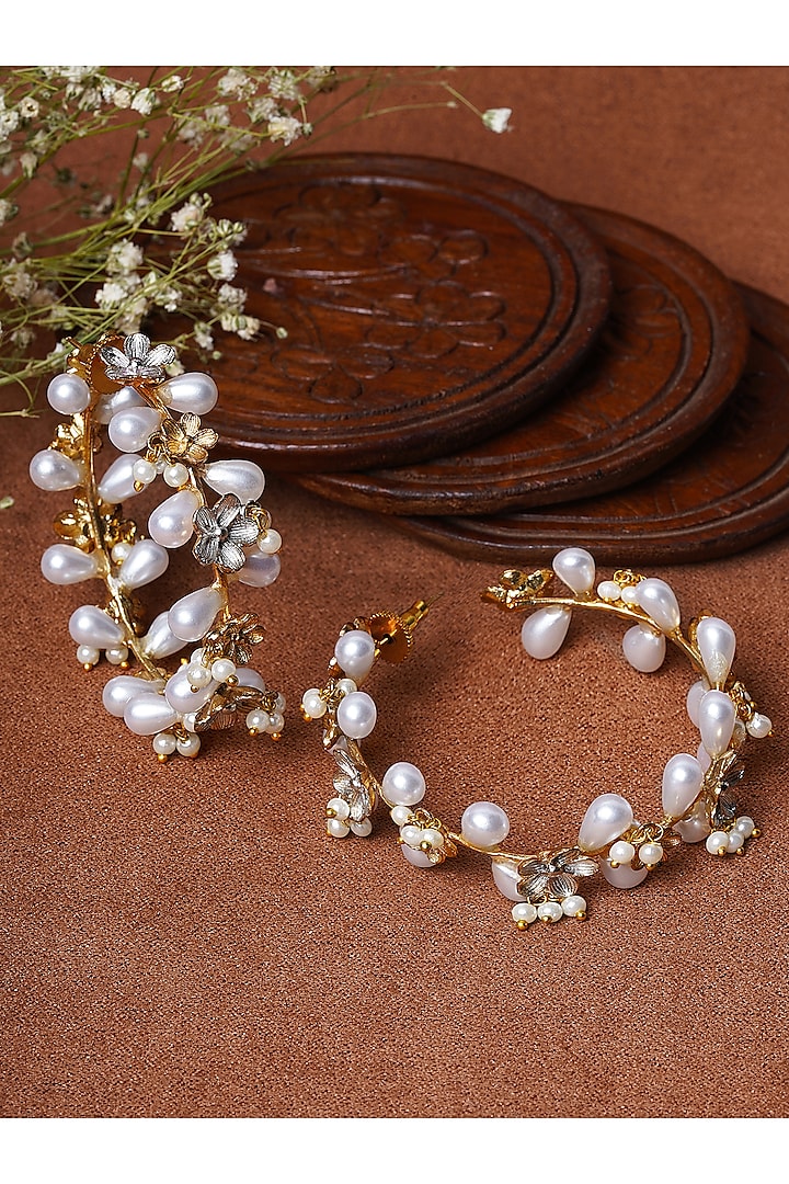 Gold Finish Floral Pearl Hoop Earrings by Mae Jewellery by Neelu Kedia at Pernia's Pop Up Shop