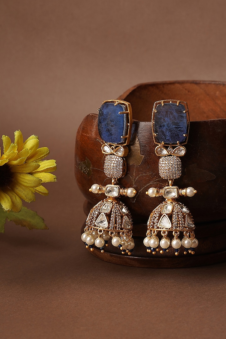 Gold Finish Kundan Polki & Blue Stone Dangler Earrings by Mae Jewellery by Neelu Kedia at Pernia's Pop Up Shop