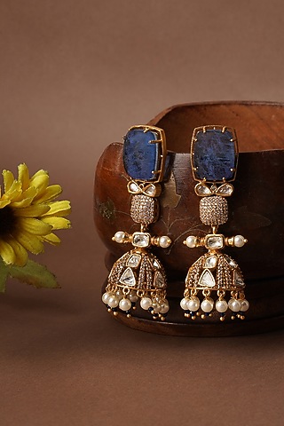 Gold Finish Kundan Polki & Blue Stone Dangler Earrings by Mae Jewellery by Neelu Kedia