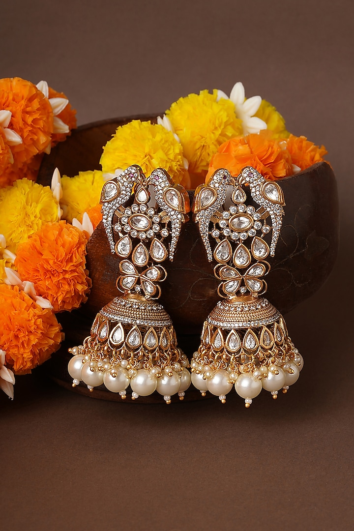 Gold Finish Kundan Polki & Pearl Peacock Style Dangler Earrings by Mae Jewellery by Neelu Kedia at Pernia's Pop Up Shop