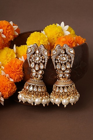 Gold Finish Kundan Polki & Pearl Peacock Style Dangler Earrings by Mae Jewellery by Neelu Kedia