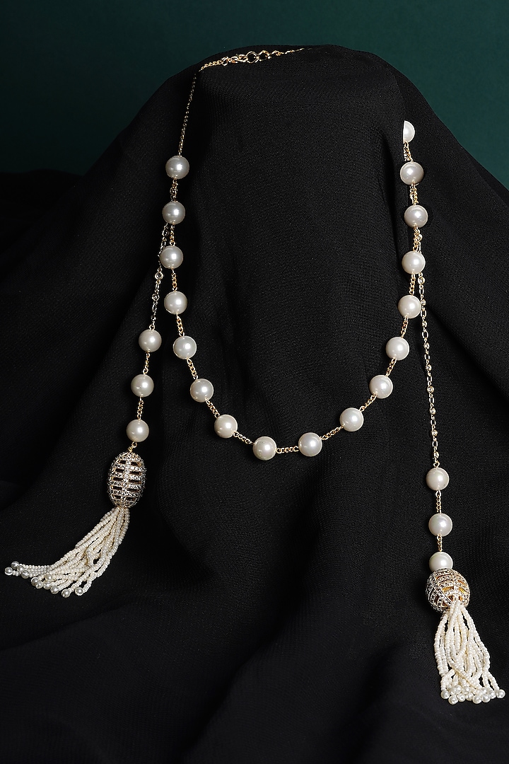 Gold Finish Pearl Long Necklace by Mae Jewellery by Neelu Kedia