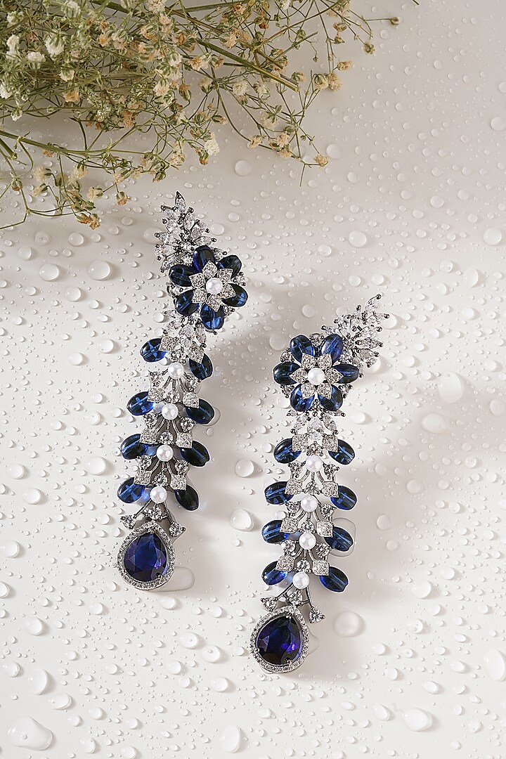 White Finish Zircon Diamond & Blue Sapphire Dangler Earrings by Mae Jewellery by Neelu Kedia at Pernia's Pop Up Shop