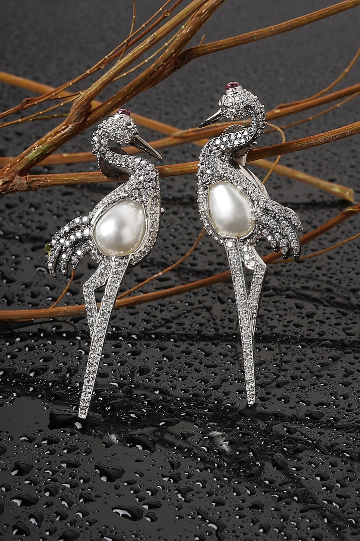White Finish Zircon Diamond & Pearl Statement Dangler Earrings by Mae Jewellery by Neelu Kedia
