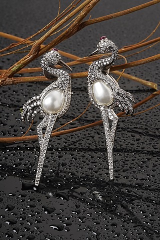 White Finish Zircon Diamond & Pearl Statement Dangler Earrings by Mae Jewellery by Neelu Kedia