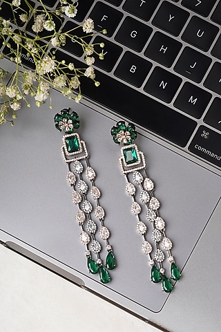 White Finish Zircon & Emerald Dangler Earrings by Mae Jewellery by Neelu Kedia