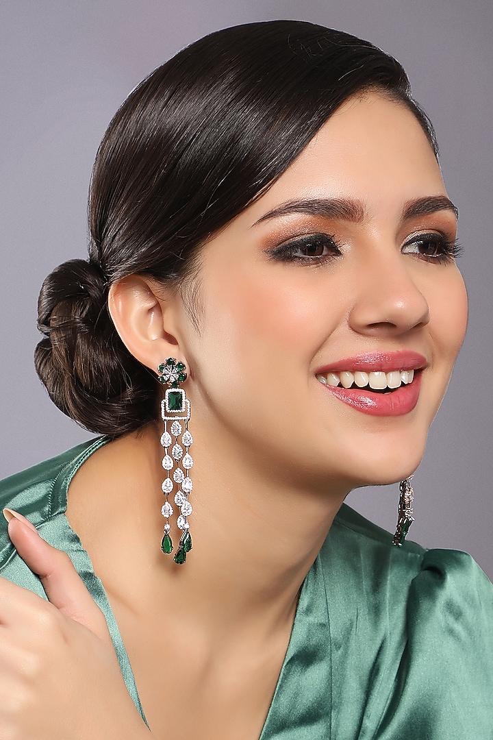 White Finish Zircon & Emerald Dangler Earrings by Mae Jewellery by Neelu Kedia at Pernia's Pop Up Shop