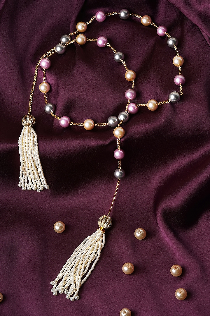 Gold Finish Multi-Colored Pearl Long Fusion Necklace by Mae Jewellery by Neelu Kedia at Pernia's Pop Up Shop