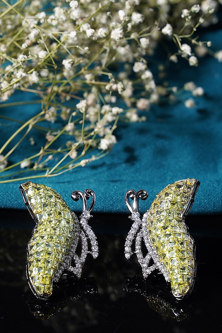 White Finish Yellow Sapphire & Zircon Diamond Stud Earrings by Mae Jewellery by Neelu Kedia
