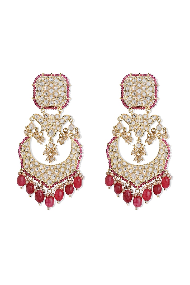 Gold Finish Kundan Polki & Ruby Synthetic Chandbali Earrings by Mae Jewellery by Neelu Kedia