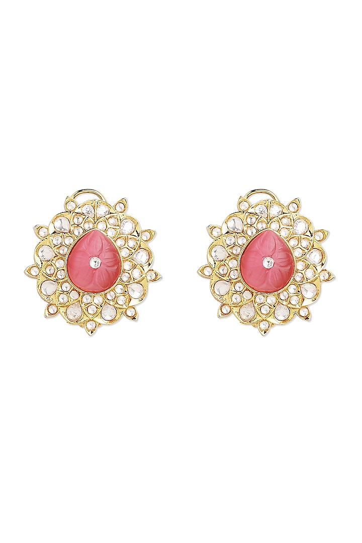 Gold Finish Synthetic Pink Stone Stud Earrings by Mae Jewellery by Neelu Kedia