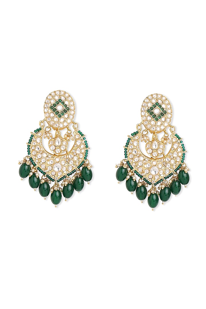 Gold Finish Kundan Polki & Green Beaded Chandbali Earrings by Mae Jewellery by Neelu Kedia