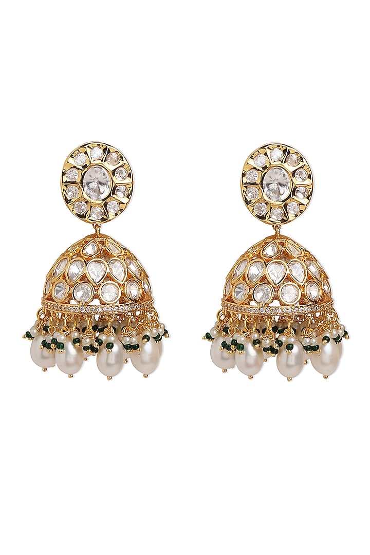 Gold Finish Kundan Polki & Pearl Dangler Earrings by Mae Jewellery by Neelu Kedia
