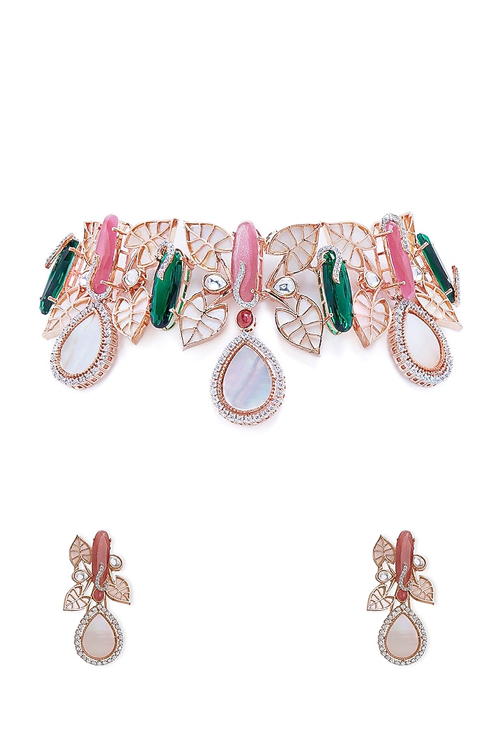 Rose Gold Finish Mother Of Pearl Choker Necklace Set Design by Mae