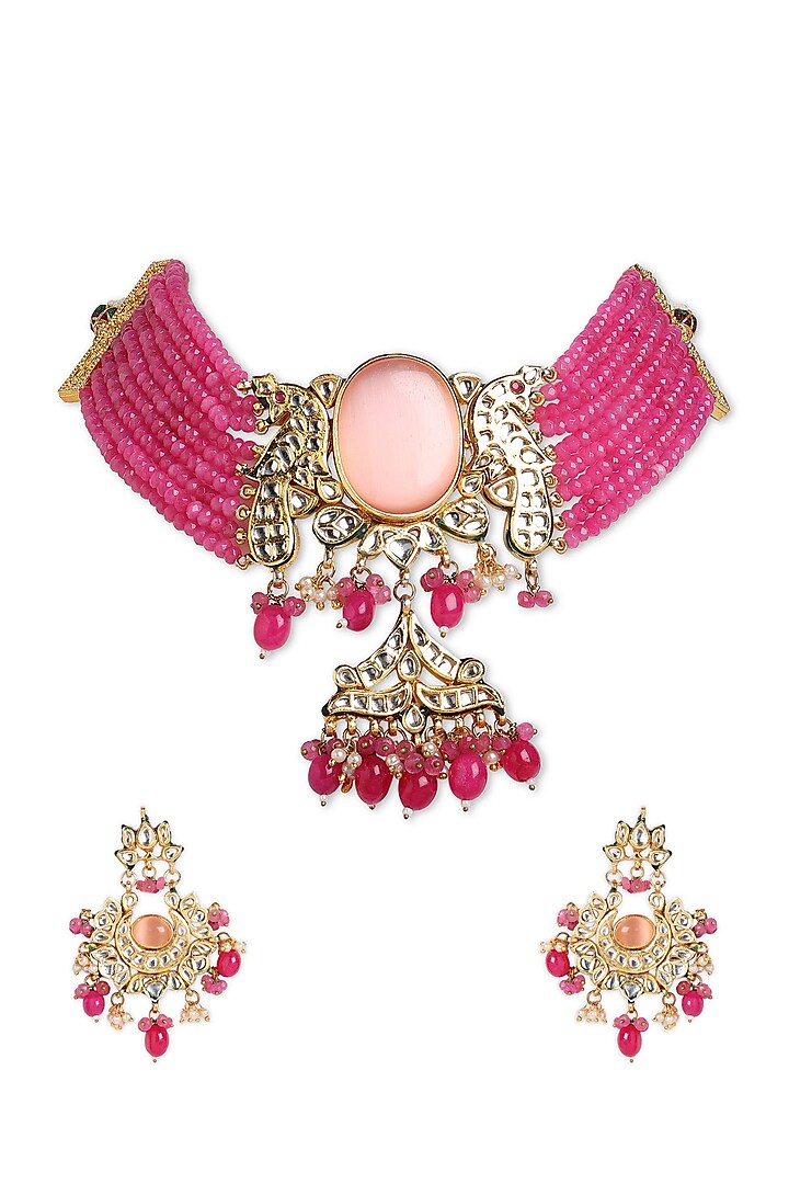 Gold Finish Semi-Precious Pink Beaded Choker Necklace Set by Mae Jewellery by Neelu Kedia