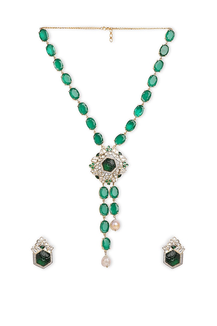 Gold Finish Semi-Precious Emerald Stone Indo-Western Necklace Set by Mae Jewellery by Neelu Kedia