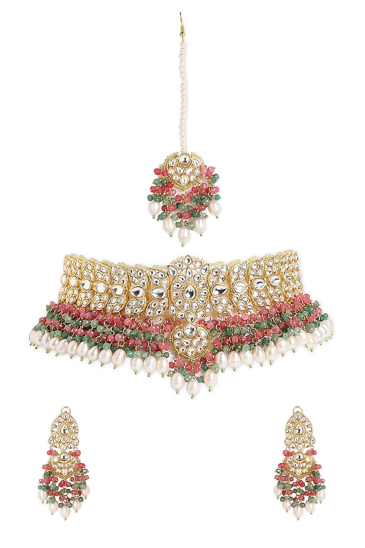 Gold Finish Multi-Colored Beaded Choker Necklace Set by Mae Jewellery by Neelu Kedia