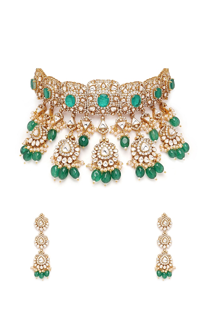 Gold Finish Semi-Precious Stones Choker Necklace Set by Mae Jewellery by Neelu Kedia