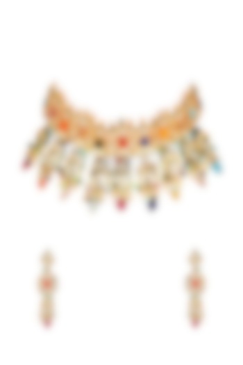 Gold Finish Navratna Stones Choker Necklace Set by Mae Jewellery by Neelu Kedia