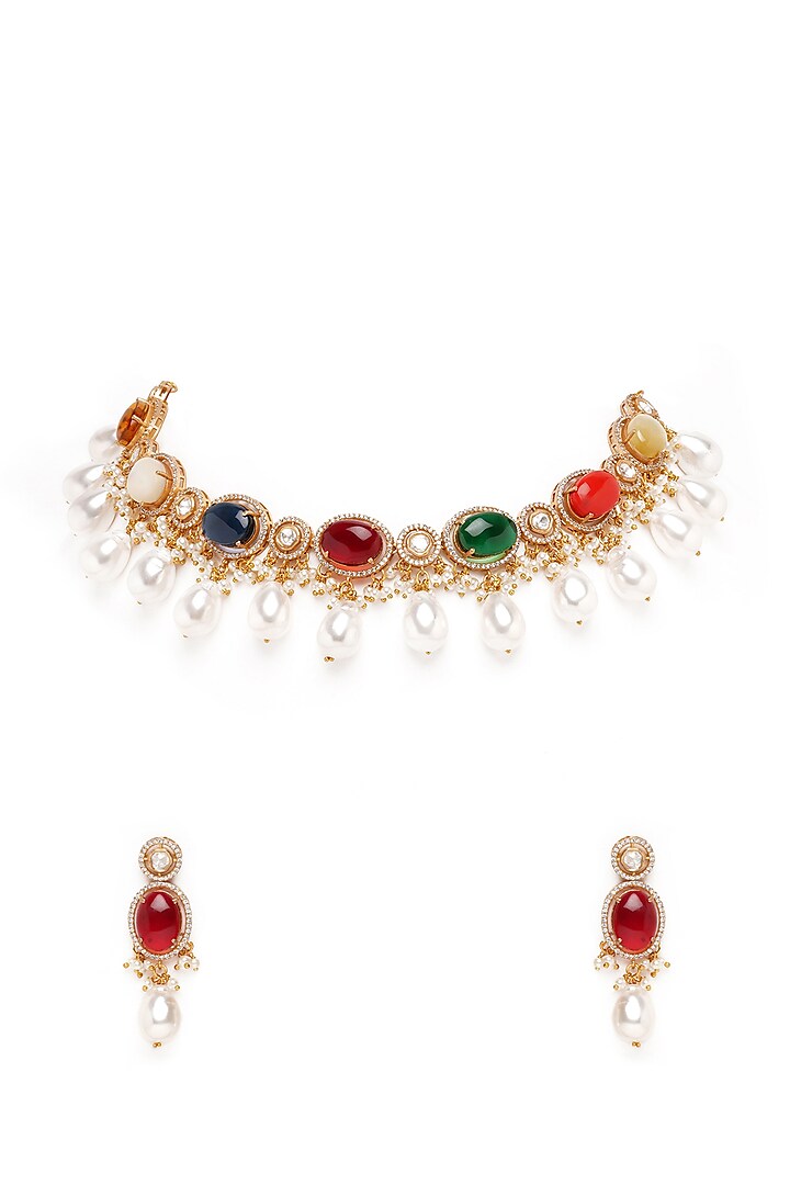 Gold Finish Navratna Stones & Pearls Choker Necklace Set by Mae Jewellery by Neelu Kedia