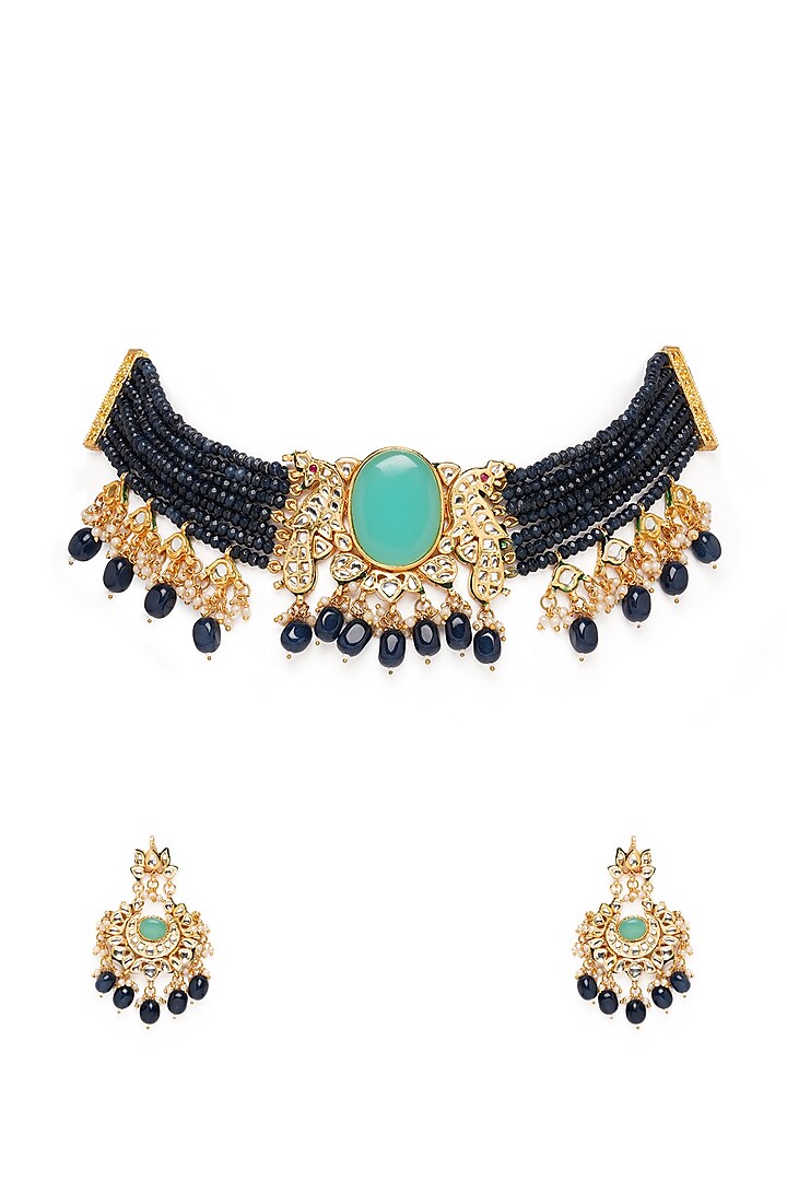 Gold Finish Turquoise Stones Choker Necklace Set by Mae Jewellery by Neelu Kedia