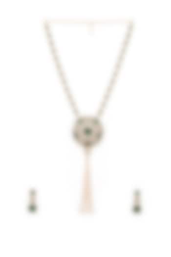 Gold Finish Emerald Long Necklace Set by Mae Jewellery by Neelu Kedia