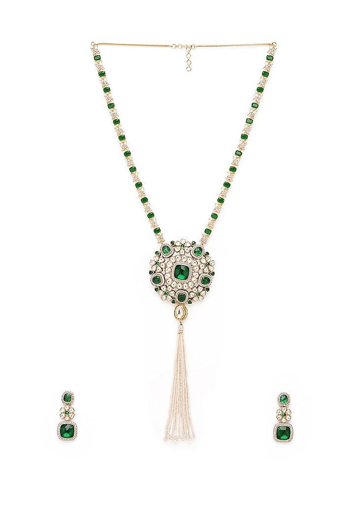 Gold Finish Emerald Long Necklace Set by Mae Jewellery by Neelu Kedia