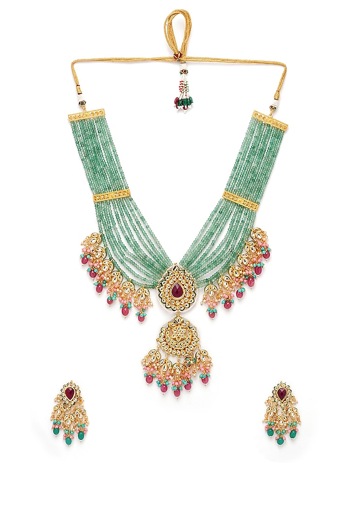 Gold Finish Long Beaded Necklace Set by Mae Jewellery by Neelu Kedia