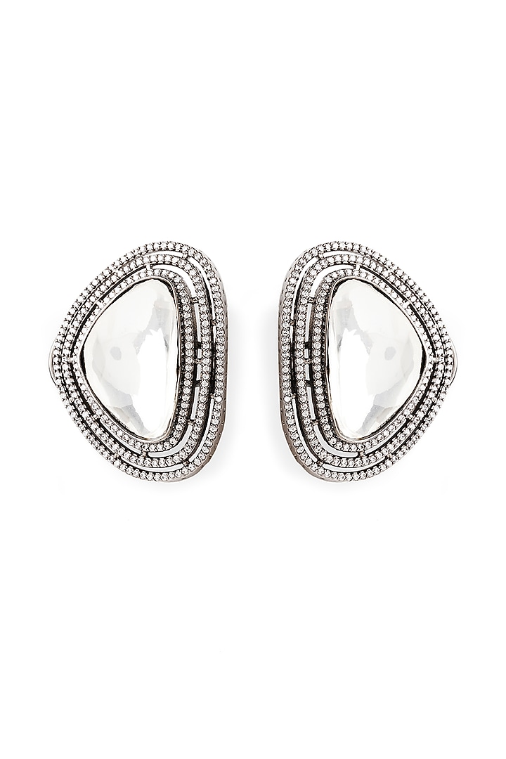 Black Rhodium Finish Semi-Precious Kundan Polki & Zircon Stud Earrings by Mae Jewellery by Neelu Kedia