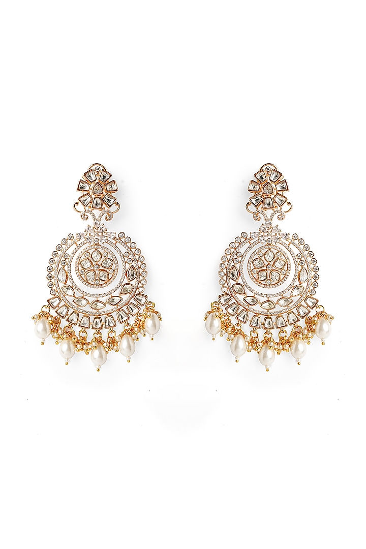 Gold Finish Kundan Polki & Pearls Chandbali Earrings by Mae Jewellery by Neelu Kedia