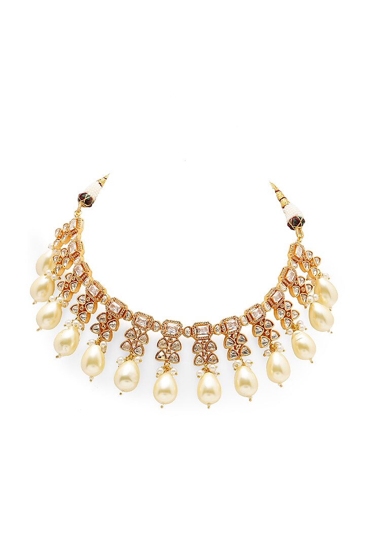 Gold Finish Zircons & Pearls Necklace Set by Mae Jewellery by Neelu Kedia