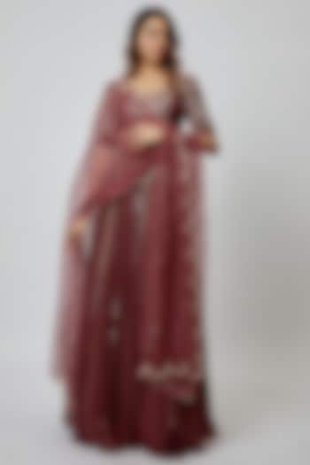 Maroon Georgette & Dupion Embroidered Wedding Lehenga Set by Mansi Gajjar at Pernia's Pop Up Shop