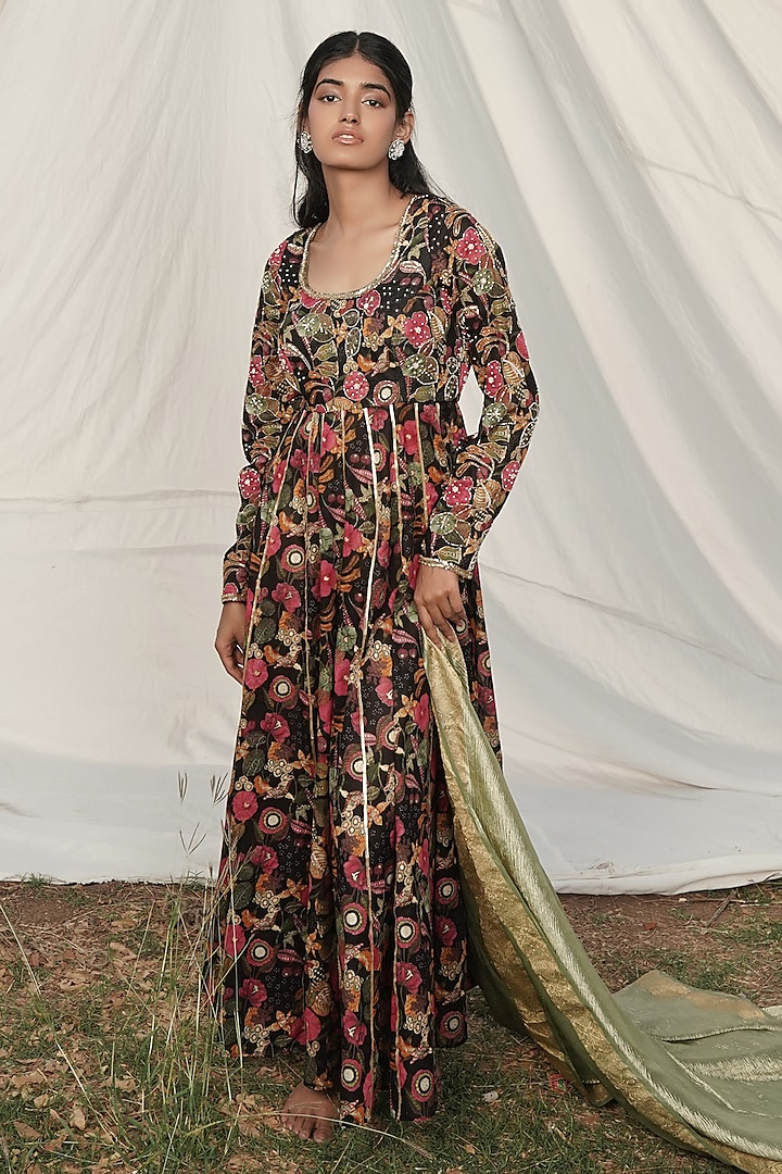 Black Mul Printed & Embroidered Anarkali  by Mansi Gajjar at Pernia's Pop Up Shop